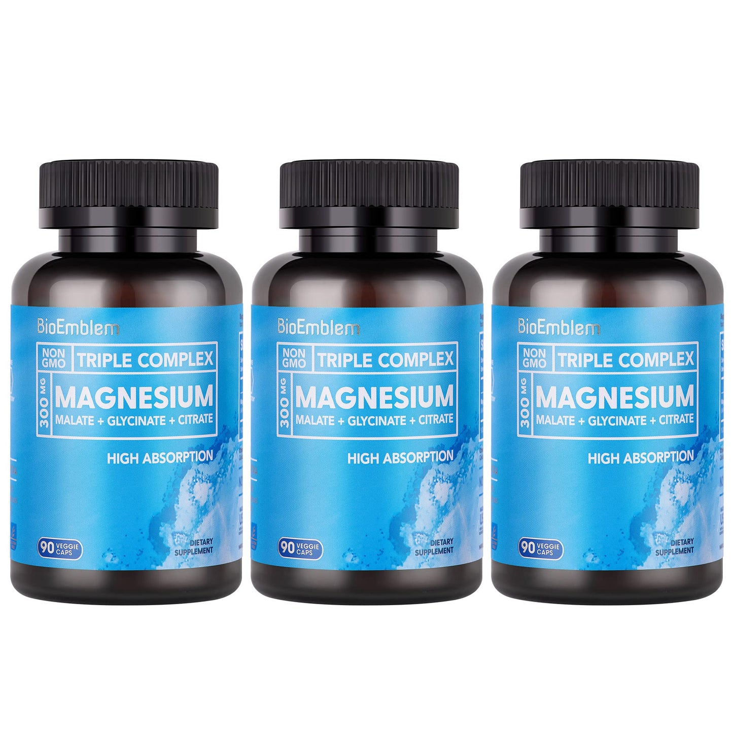 BioEmblem High Absorption Triple Magnesium Complex 300mg | Magnesium Glycinate, Malate & Citrate | Vegan, Non-GMO 270 Capsules