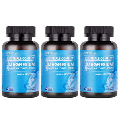 BioEmblem High Absorption Triple Magnesium Complex 300mg | Magnesium Glycinate, Malate & Citrate | Vegan, Non-GMO 270 Capsules