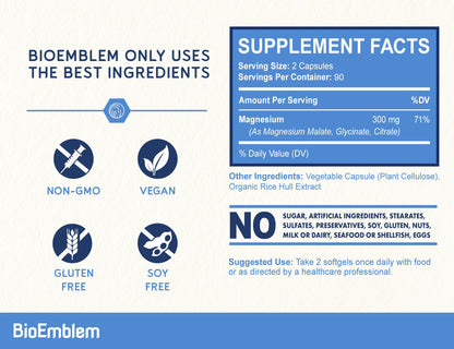 BioEmblem Triple Magnesium Complex | 300mg Magnesium Glycinate, Malate & Citrate for Muscles, Nerves & Energy | High Absorption | Vegan, Non-GMO (180 Capsules)