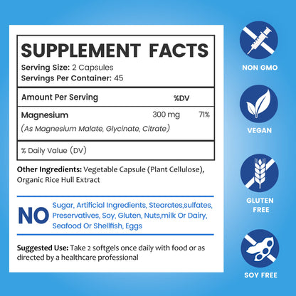 BioEmblem High Absorption Triple Magnesium Complex 300mg | Magnesium Glycinate, Malate & Citrate | Vegan, Non-GMO 270 Capsules