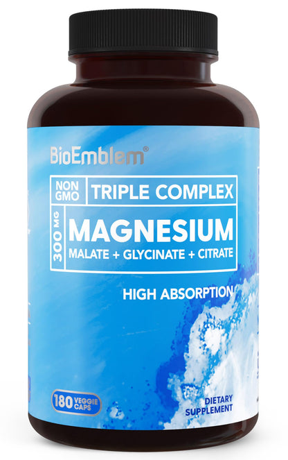 BioEmblem Triple Magnesium Complex | 300mg Magnesium Glycinate, Malate & Citrate for Muscles, Nerves & Energy | High Absorption | Vegan, Non-GMO (180 Capsules)
