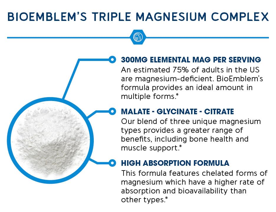 BioEmblem Triple Magnesium Complex | 300mg Magnesium Glycinate, Malate & Citrate for Muscles, Nerves & Energy | High Absorption | Vegan, Non-GMO (180 Capsules)