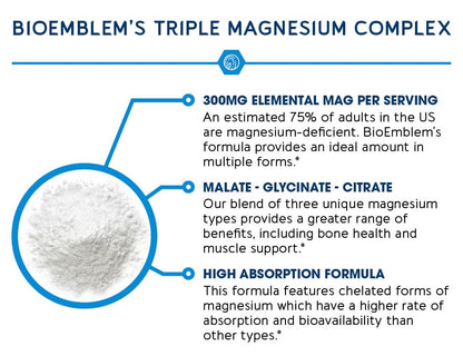BioEmblem Triple Magnesium Complex | 300mg Magnesium Glycinate, Malate & Citrate for Muscles, Nerves & Energy | High Absorption | Vegan, Non-GMO (180 Capsules)