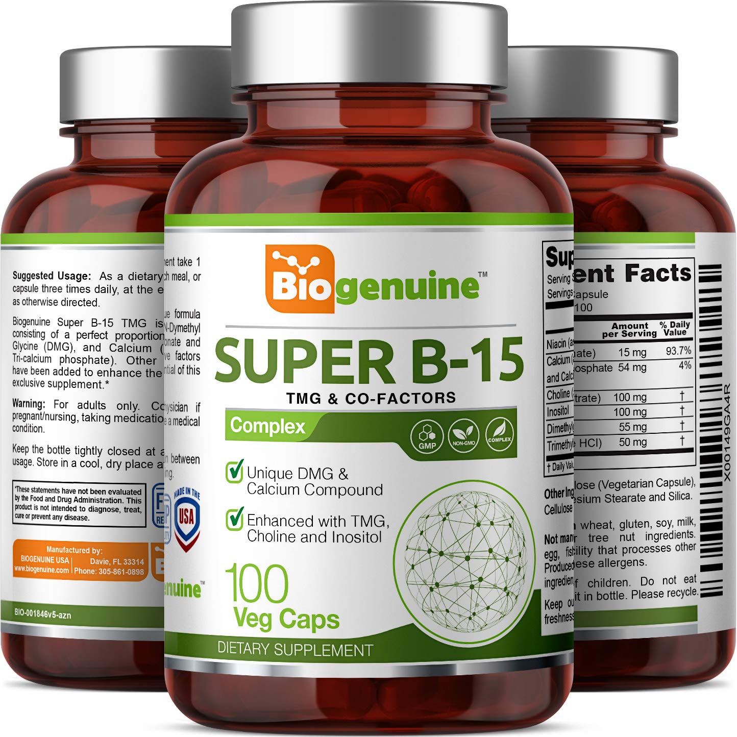 Biogenuine Super B-15 100 Vcaps – DMG, TMG, Calcium, Niacin for Energy