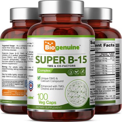 Biogenuine Super B-15 100 Vcaps – DMG, TMG, Calcium, Niacin for Energy