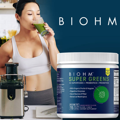 BIOHM Super Greens – 34-Ingredient Green Superfood Powder with Probiotics & Digestive Enzymes (Mixed Berry)