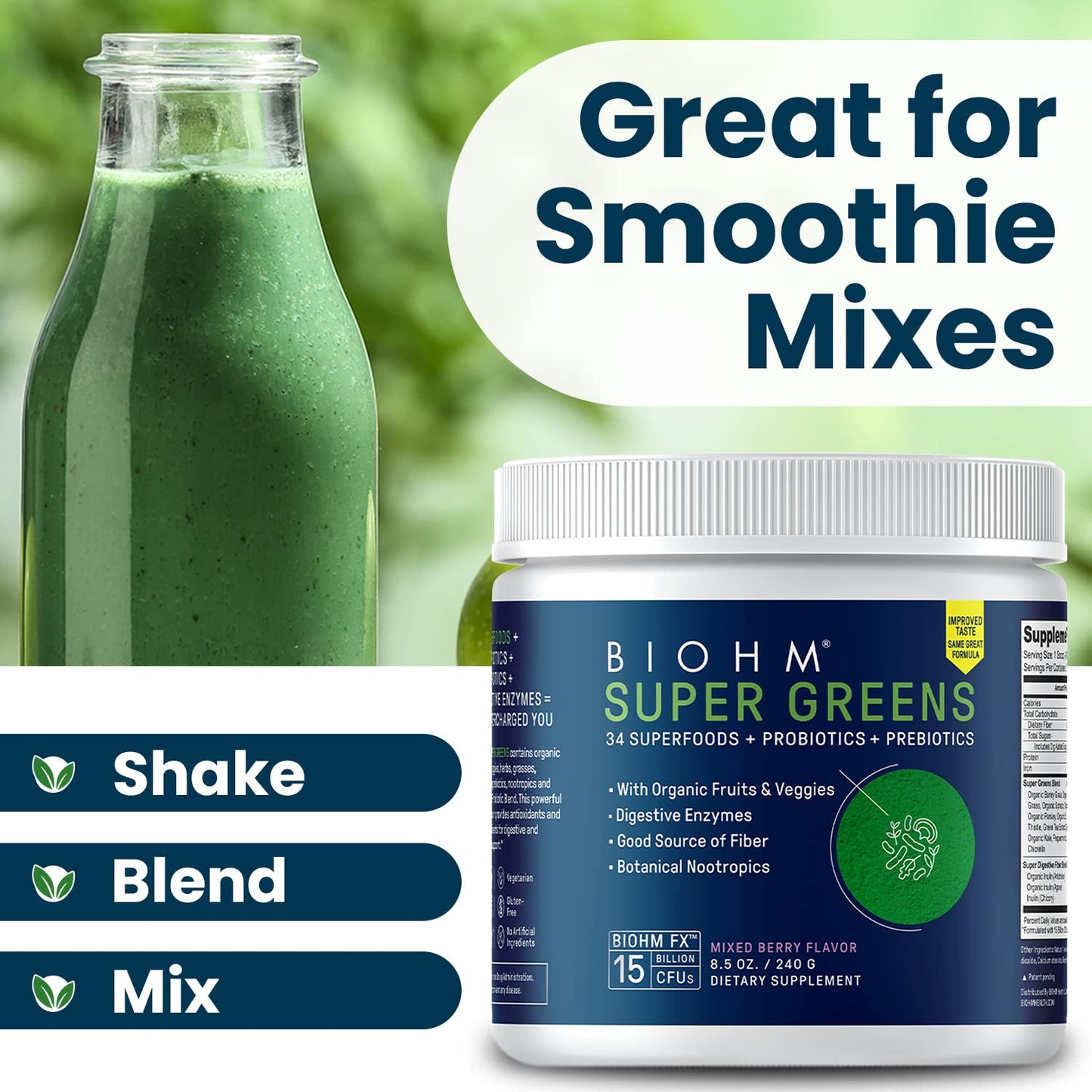 BIOHM Super Greens – 34-Ingredient Green Superfood Powder with Probiotics & Digestive Enzymes (Mixed Berry)