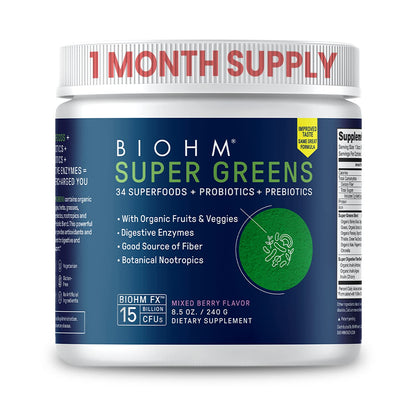 BIOHM Super Greens – 34-Ingredient Green Superfood Powder with Probiotics & Digestive Enzymes (Mixed Berry)