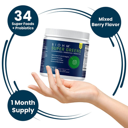 BIOHM Super Greens – 34-Ingredient Green Superfood Powder with Probiotics & Digestive Enzymes (Mixed Berry)