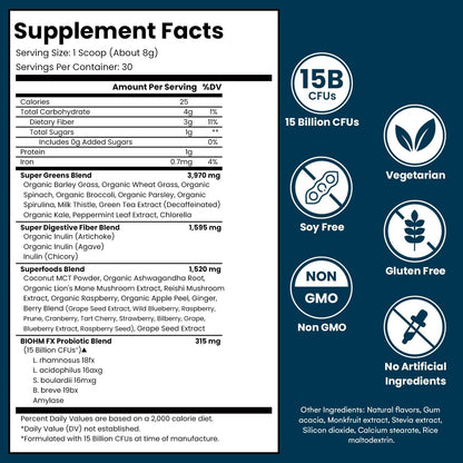 BIOHM Super Greens – 34-Ingredient Green Superfood Powder with Probiotics & Digestive Enzymes (Mixed Berry)