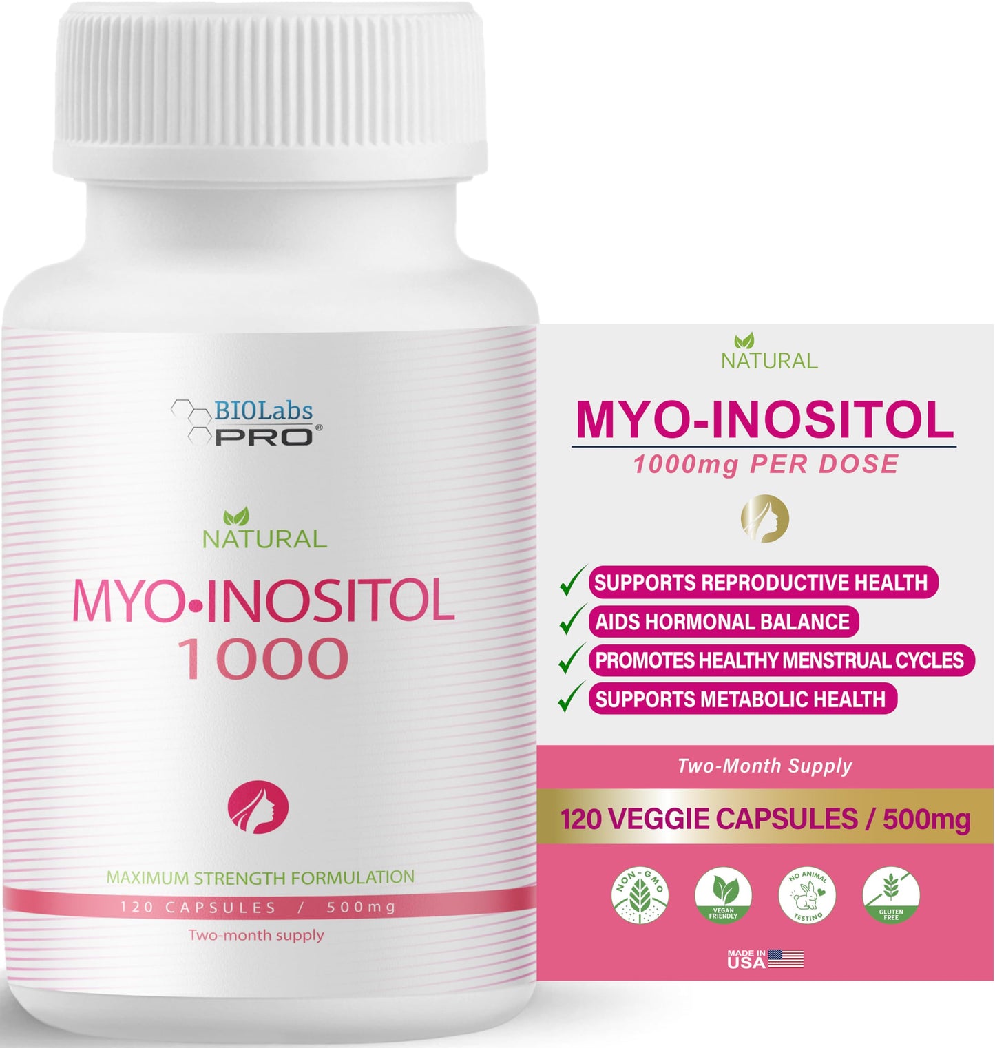 BIOLABS PRO Myo-Inositol 1000mg – 120 Caps (2-Month Supply) – Non-GMO, Gluten-Free, Kosher
