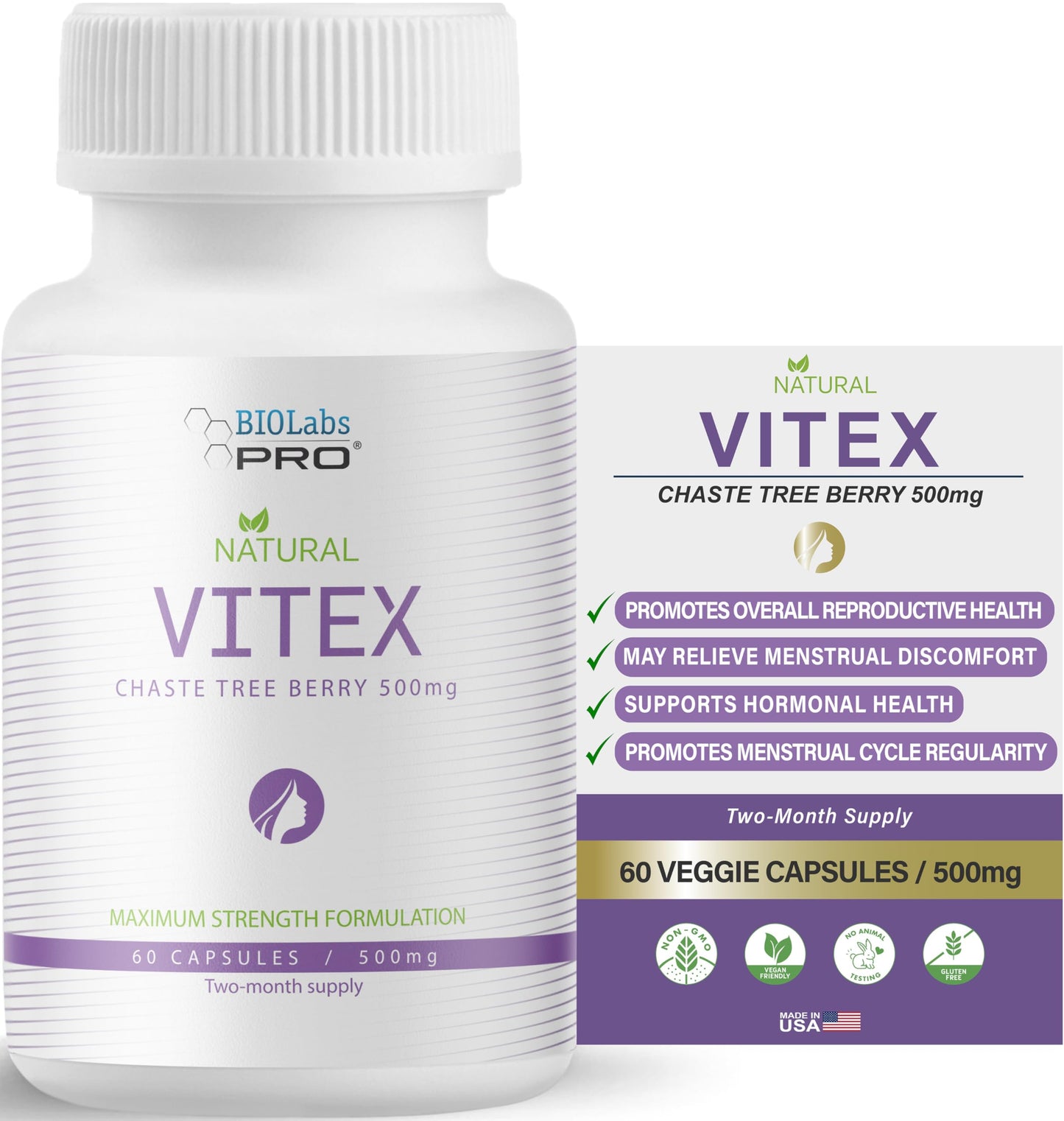 BIOLABS PRO Vitex Chasteberry 500mg - 60 Vegan Capsules for Hormonal Balance | Made in USA