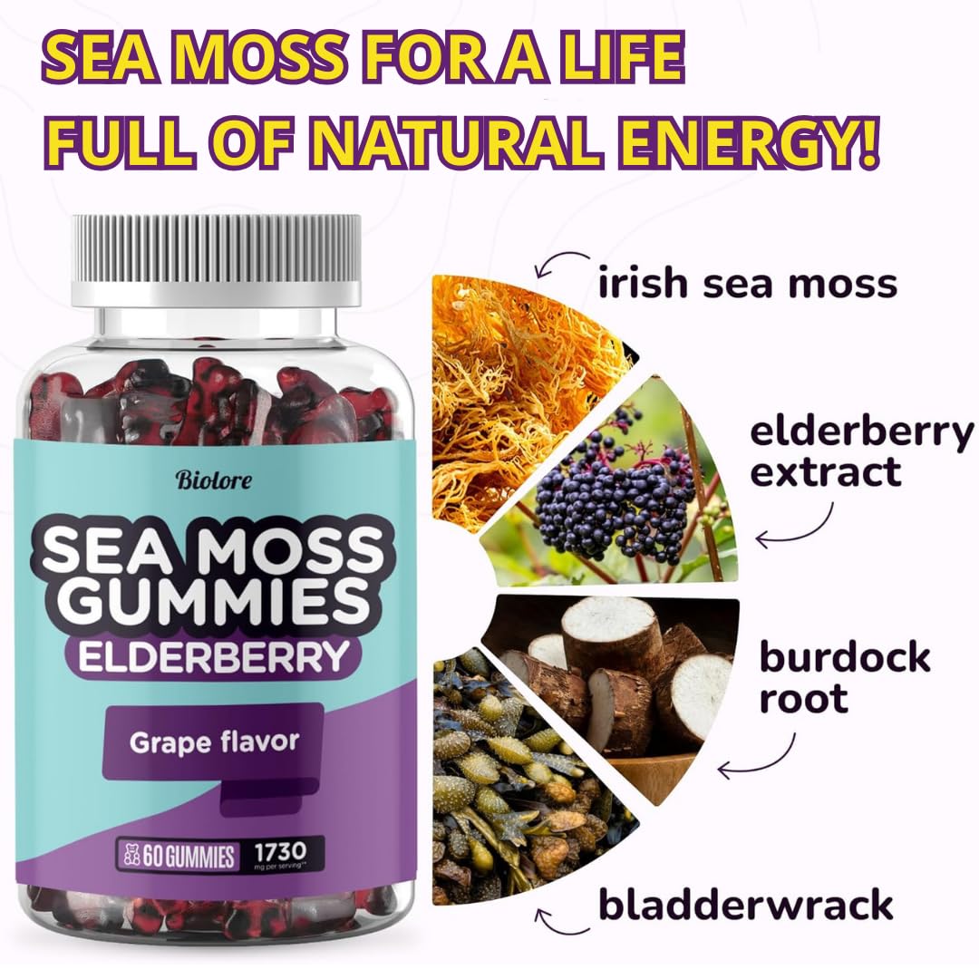 Biolore Sea Moss Gummies with Elderberry - Vegan Gummies for All Ages (60pcs)