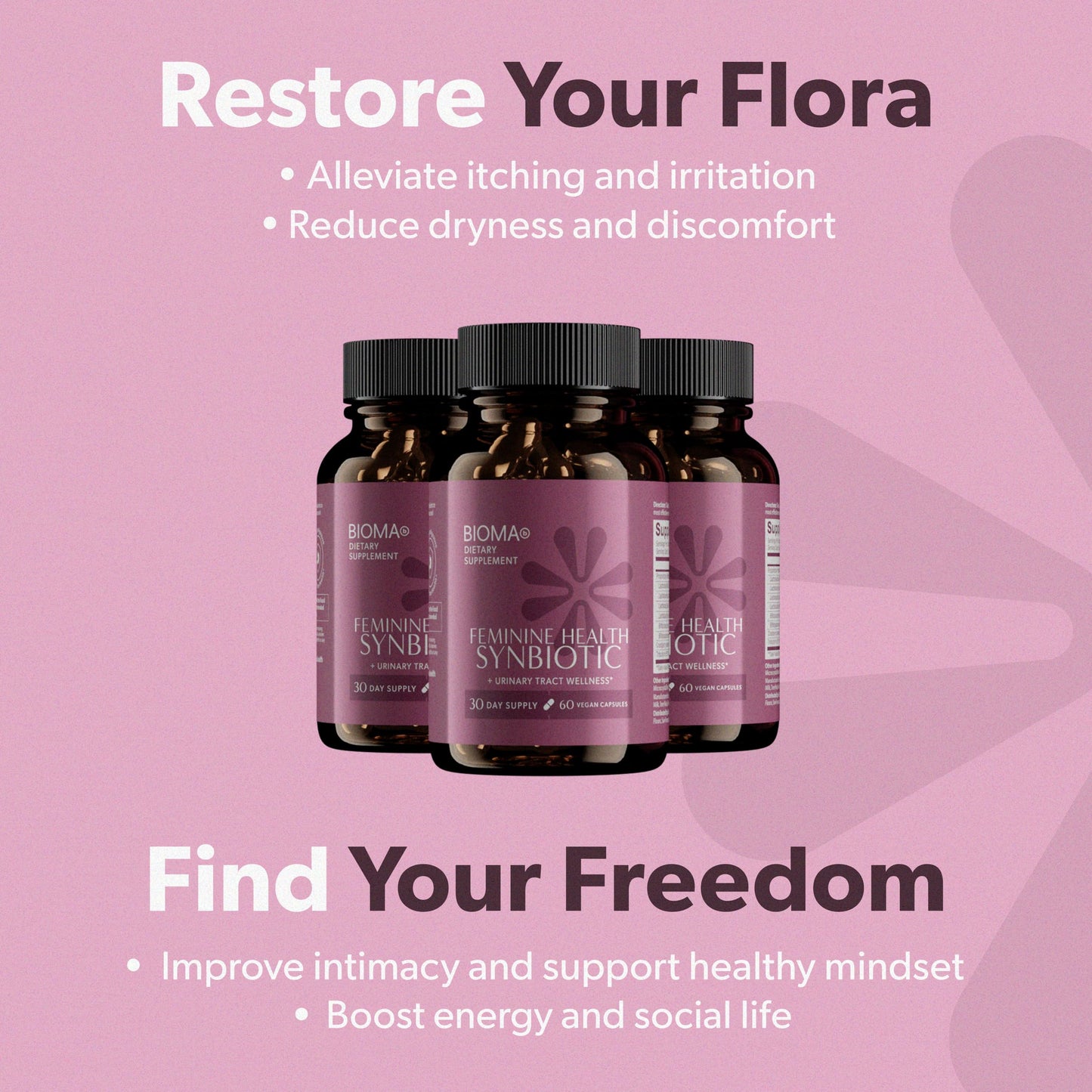 BIOMA Feminine Health Synbiotic – Probiotics, Cranberry & Tributyrin for Vaginal pH, Urinary & Digestive Support | 60 Capsules