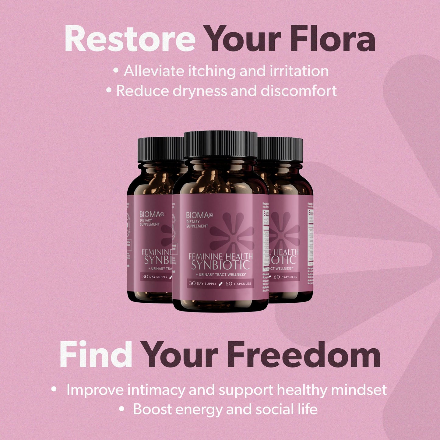 BIOMA Feminine Health Synbiotic – Probiotic Support for Vaginal pH, Urinary & Digestive Wellness (3-Pack, 180 Capsules)