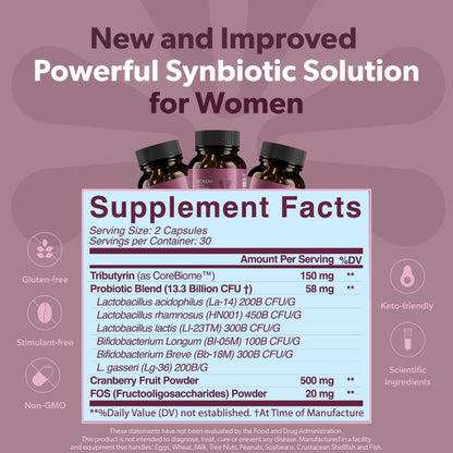 BIOMA Feminine Health Synbiotic – Probiotics, Cranberry & Tributyrin for Vaginal pH, Urinary & Digestive Support | 60 Capsules