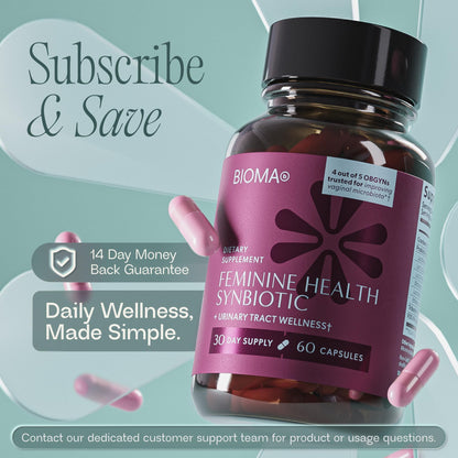 BIOMA Feminine Health Synbiotic – Probiotic Support for Vaginal pH, Urinary & Digestive Wellness (3-Pack, 180 Capsules)