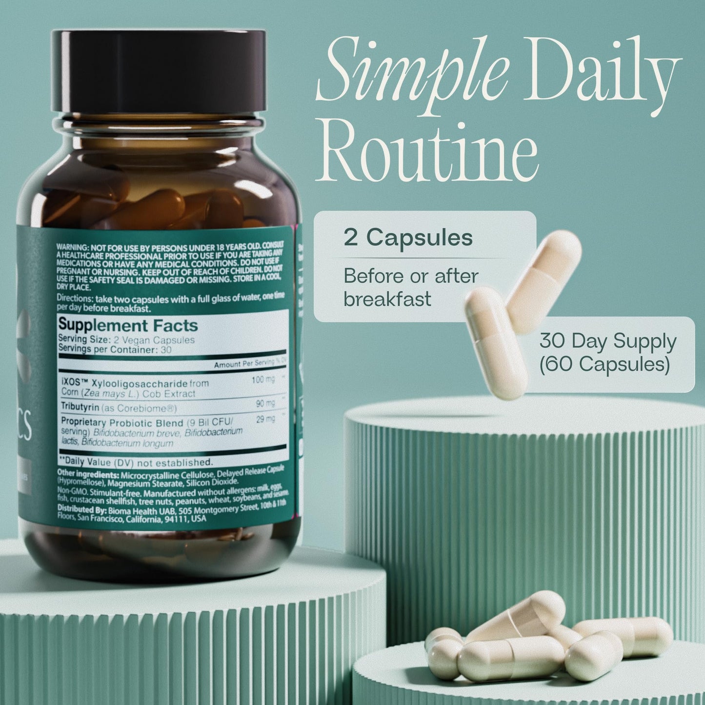 BIOMA Probiotics – Digestive Health Probiotic with XOS, Tributyrin & Bifidobacterium — 180 Delayed-Release Capsules (90-Day Supply)