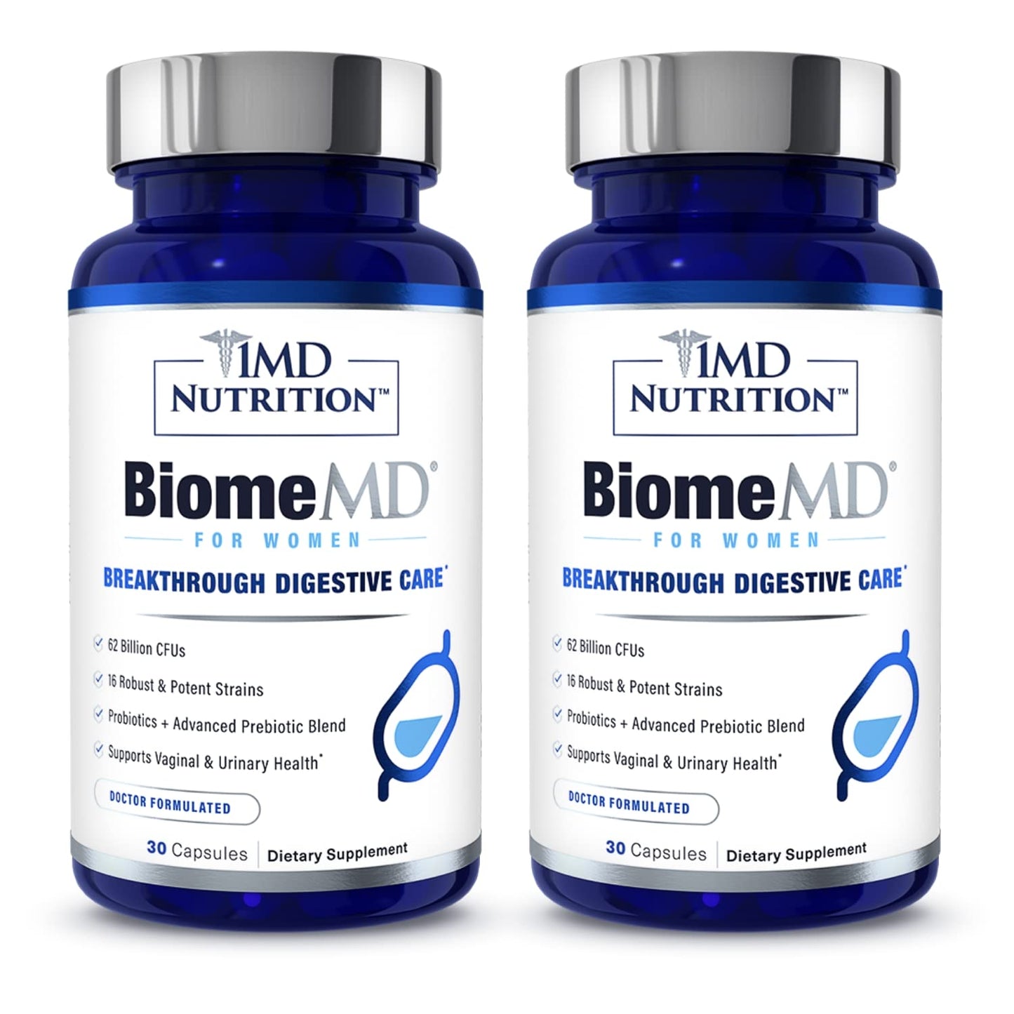 BiomeMD Probiotics for Women — 62B CFUs, 16 Strains + Prebiotics | Doctor-Formulated | 2-Pack