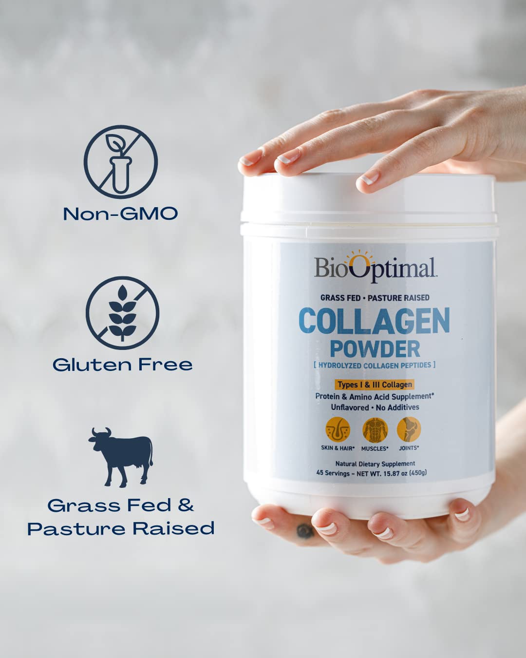 BioOptimal Collagen Peptides Powder – Grass-Fed & Non-GMO, Zero Sugar (45 Servings)