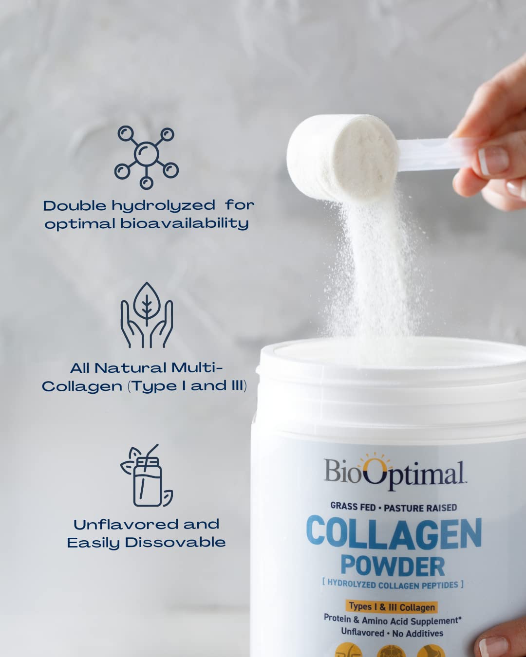 BioOptimal Collagen Peptides Powder – Grass-Fed & Non-GMO, Zero Sugar (45 Servings)