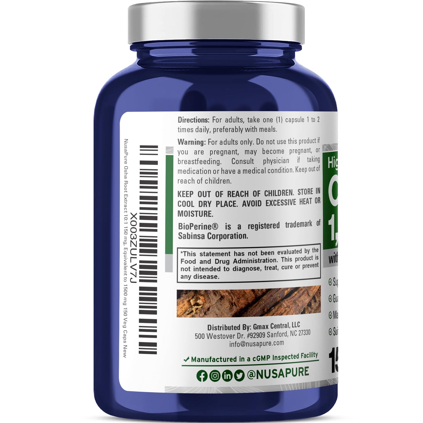 NusaPure OSHA Root Extract 1500 mg – 150 Vegan Caps (10:1, Bioperine, Non-GMO)