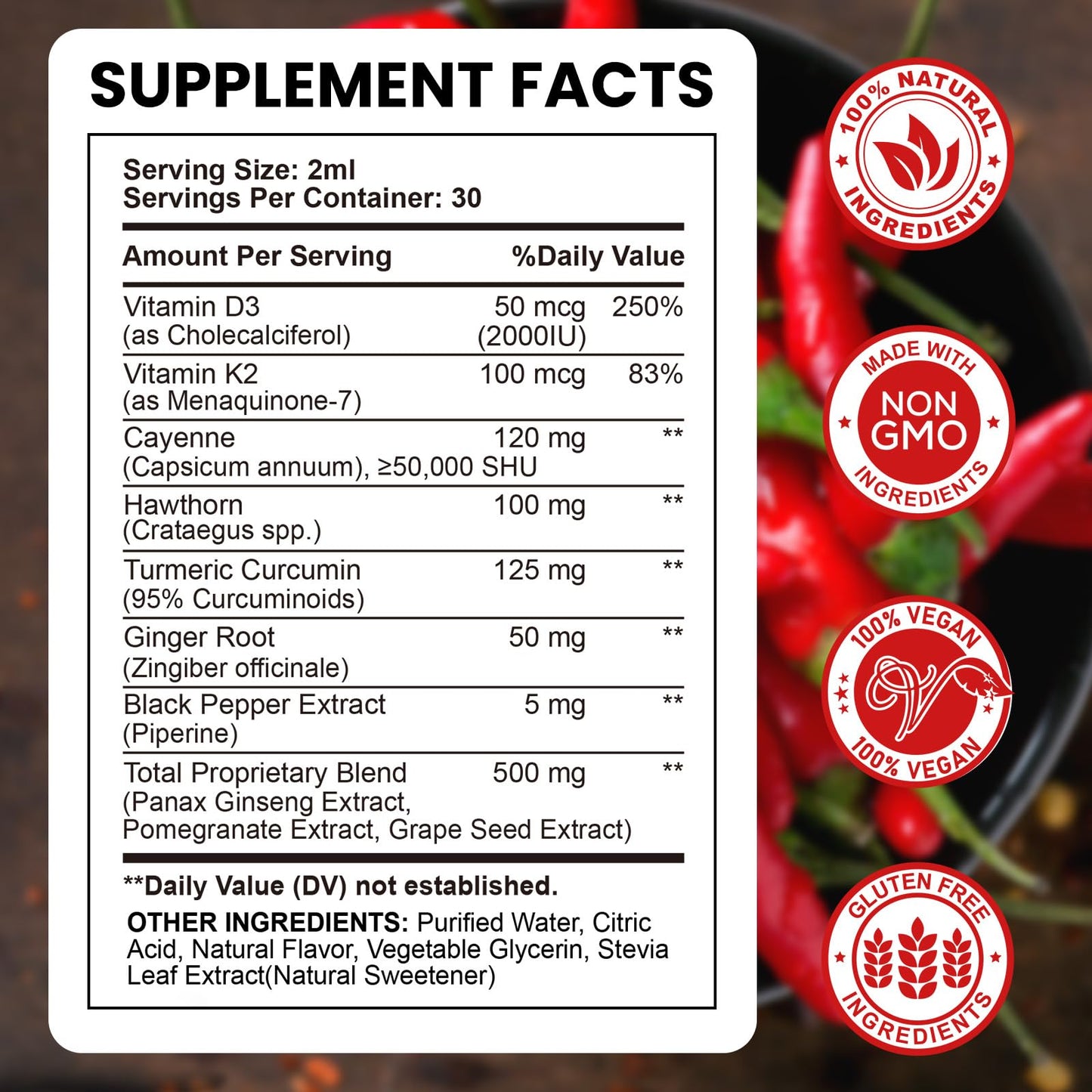 Cayenne Pepper Liquid Drops with Hawthorn, Turmeric Curcumin, Vitamin D3 K2 - 2 fl oz