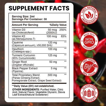 Cayenne Pepper Liquid Drops with Hawthorn, Turmeric Curcumin, Vitamin D3 K2 - 2 fl oz