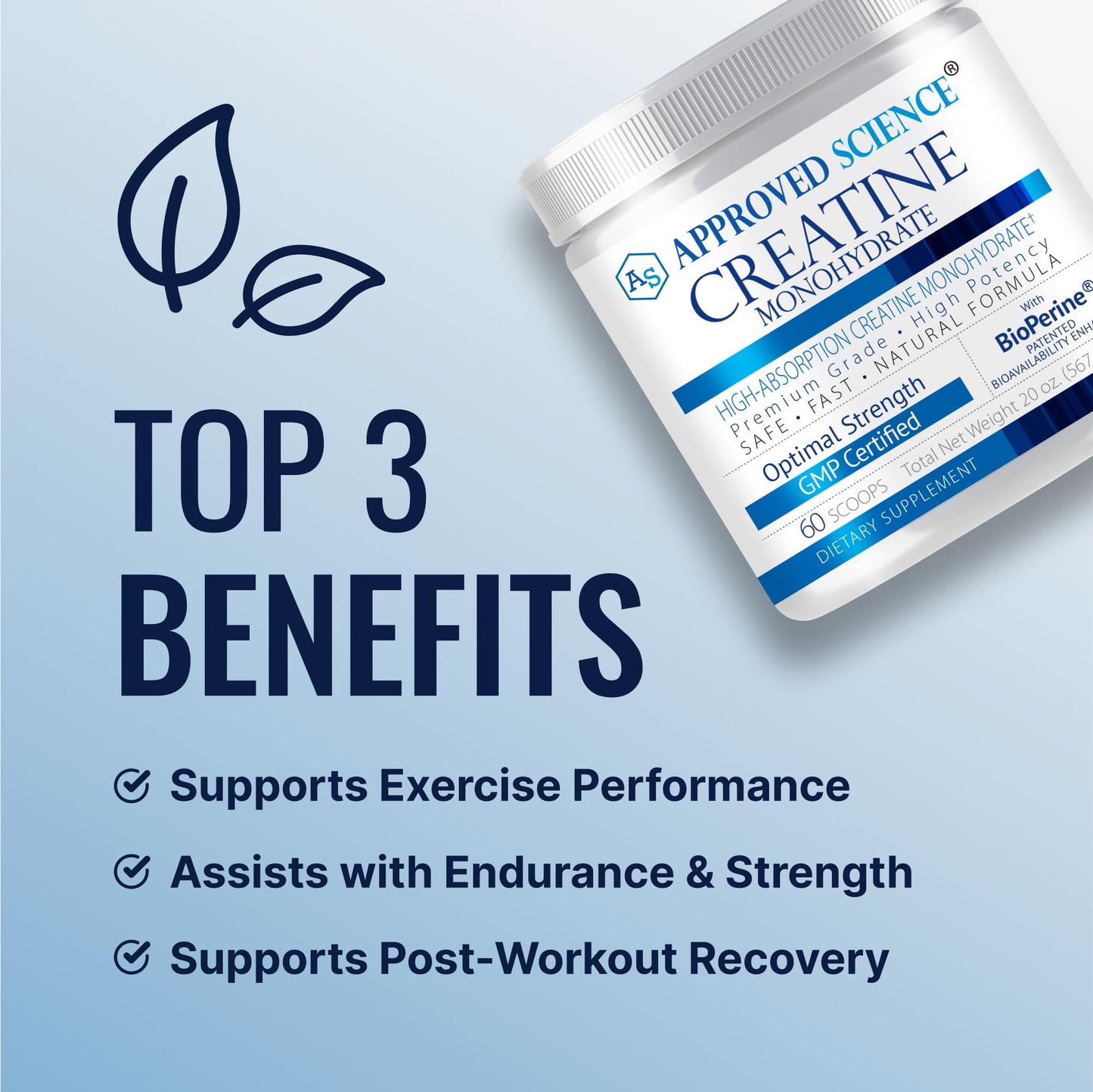 Approved Science Creatine Monohydrate Powder with BioPerine — 60 Servings, 5g/Serving, Unflavored, Non-GMO, Vegan