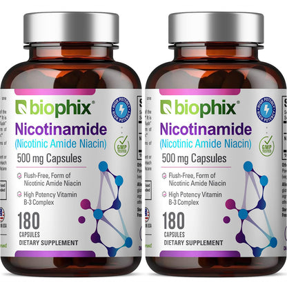 Biophix B-3 Nicotinamide 500 mg - 180 Caps (2 Pack) | Flush-Free Vitamin for Skin Health