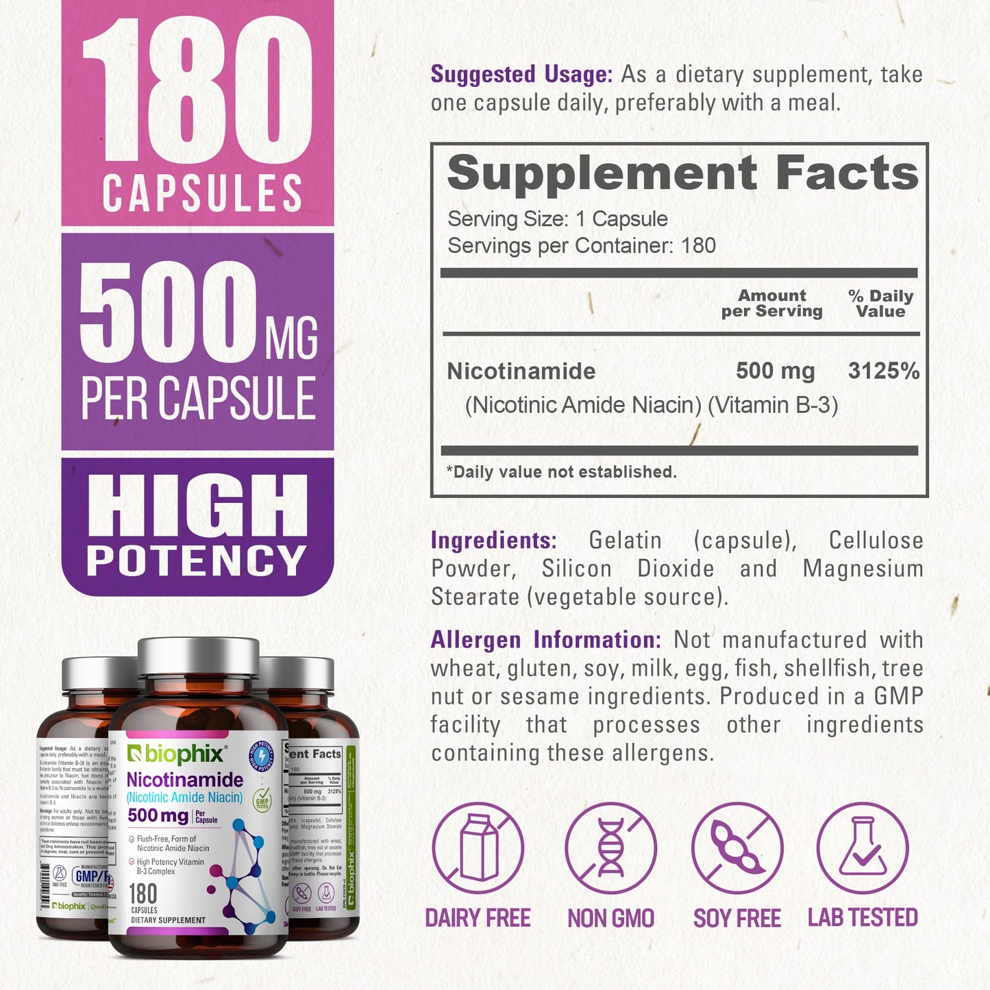 Biophix B-3 Nicotinamide 500 mg - 180 Caps (2 Pack) | Flush-Free Vitamin for Skin Health