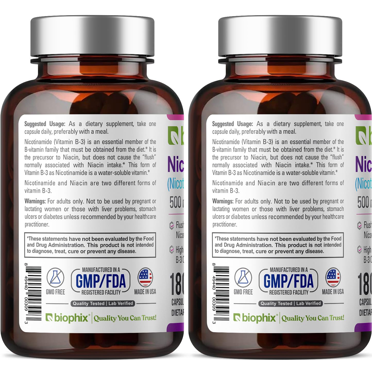 Biophix B-3 Nicotinamide 500 mg - 180 Caps (2 Pack) | Flush-Free Vitamin for Skin Health