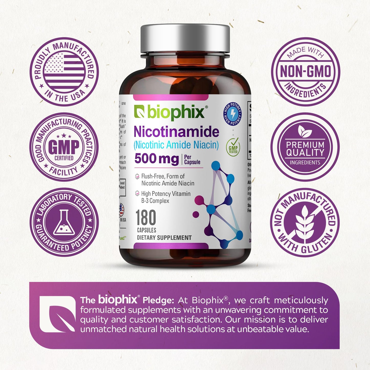 Biophix B-3 Nicotinamide 500 mg - 180 Caps (2 Pack) | Flush-Free Vitamin for Skin Health