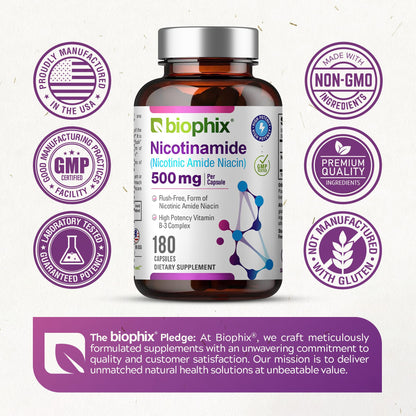 Biophix B-3 Nicotinamide 500 mg - 180 Caps (2 Pack) | Flush-Free Vitamin for Skin Health