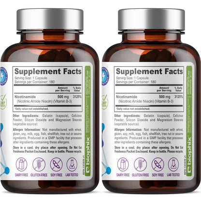Biophix B-3 Nicotinamide 500 mg - 180 Caps (2 Pack) | Flush-Free Vitamin for Skin Health