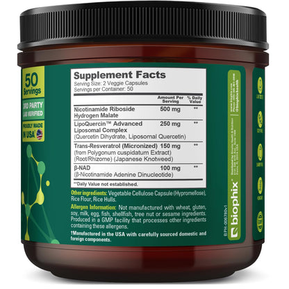 Biophix NAD+ Liposomal Supplement – 1000 mg/Serving | NR, Resveratrol & Quercetin | 100 Veg Caps