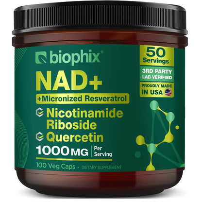 Biophix NAD+ Liposomal Supplement – 1000 mg/Serving | NR, Resveratrol & Quercetin | 100 Veg Caps