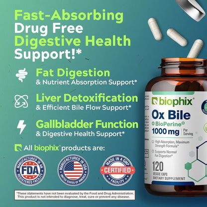 Biophix Ox Bile 1000 mg with BioPerine | 120 Veggie Capsules - Pack of 2