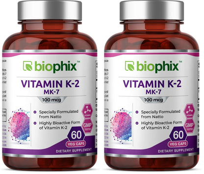 Biophix Vitamin K2 MK-7 100 mcg - 60 Veg Capsules | Pack of 2