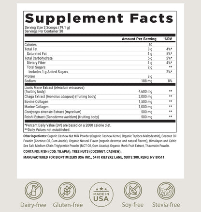 BIOptimizers Mushroom Coffee Alternative – Salted Caramel with Lion’s Mane, Chaga & Reishi + Collagen & MCT – 30 Servings