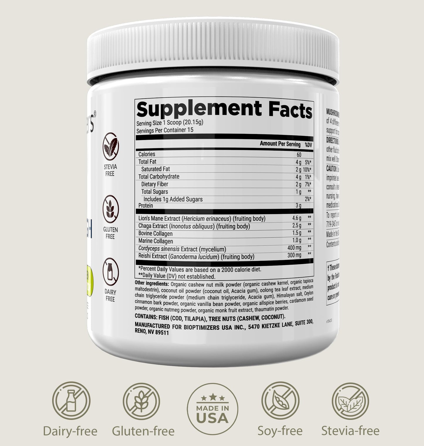 BIOptimizers Mushroom Coffee Alternative – Chai Drink with Lion’s Mane, Chaga, Reishi + Collagen – 15 Servings