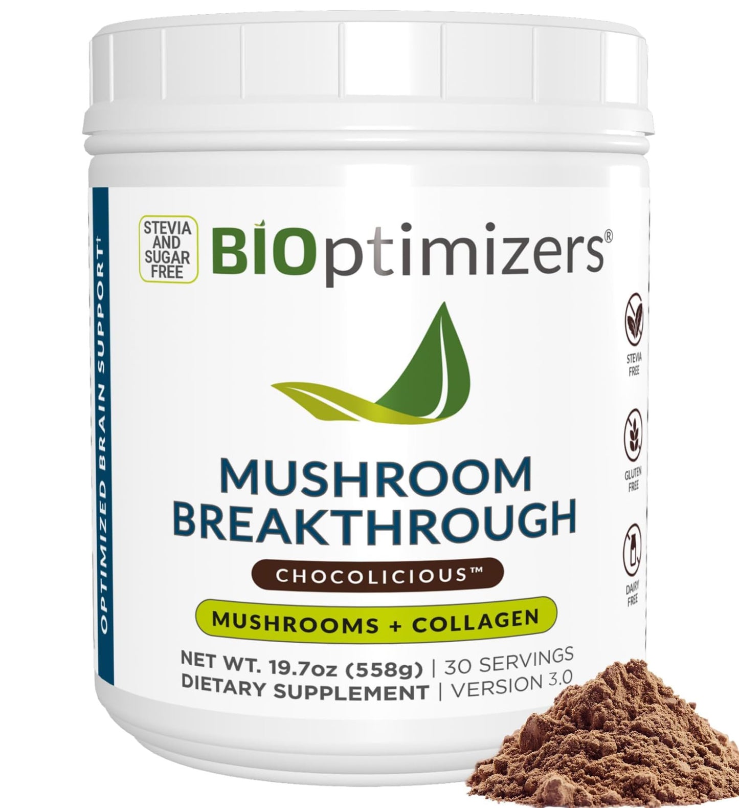 BIOptimizers Mushroom Coffee Alternative – Chocolate with Lion’s Mane, Chaga & Reishi + Collagen Peptides for Focus, Energy & Gut Health – Adaptogenic Mushrooms & MCT Powder – 30 Servings