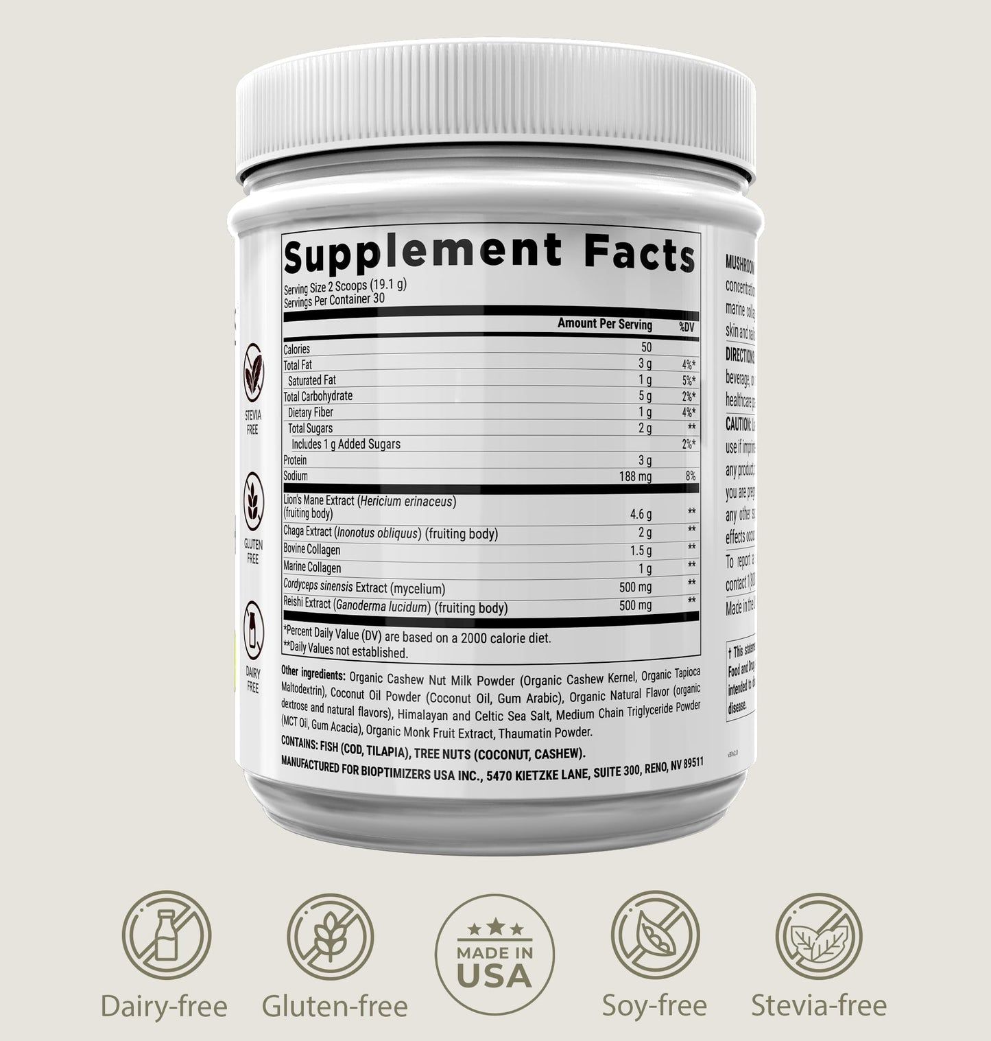 BIOptimizers Mushroom Coffee Alternative – Salted Caramel with Lion’s Mane, Chaga & Reishi + Collagen & MCT – 30 Servings