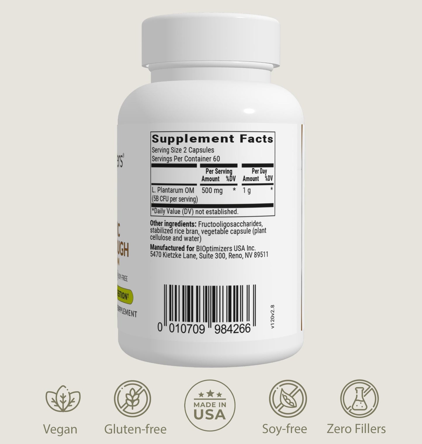 BIOptimizers Probiotic Breakthrough – Lactobacillus Plantarum OM Probiotics & Prebiotics for Gut, Digestive & Immune Support | 60 Vegan Capsules