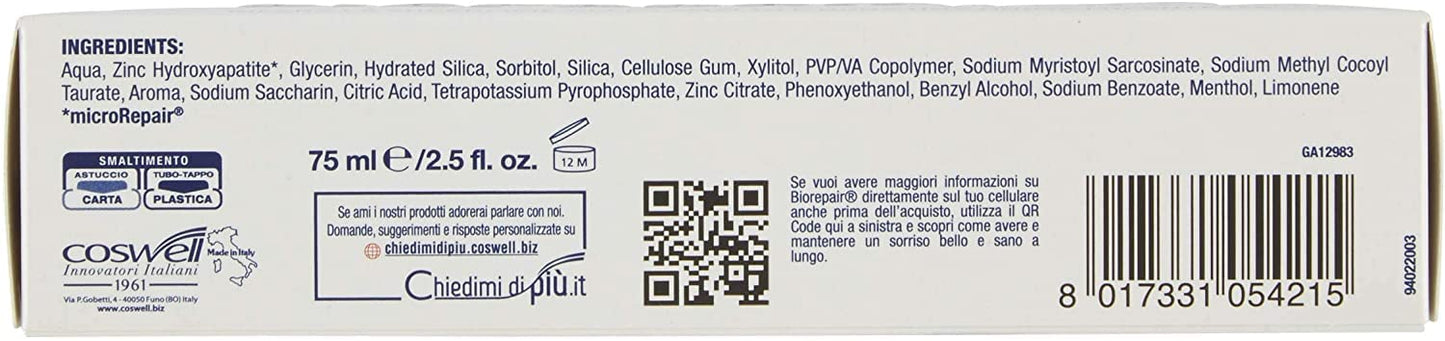 Biorepair Pro White Whitening Toothpaste with microRepair – 75ml Tubes Pack of 4 (Italian Import)