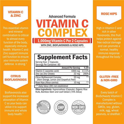 BioSchwartz Vitamin C Complex 1000mg with Rose Hips & Citrus Bioflavonoids | 120 Count