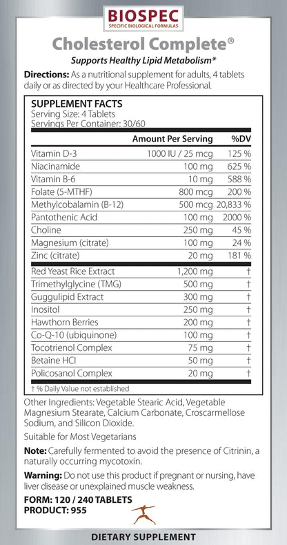 BIOSPEC NUTRITIONALS Cholesterol Complete - Natural Cholesterol & Heart Health Support (Red Yeast Rice, CO-Q-10, Hawthorn, Magnesium) 240 Tablets