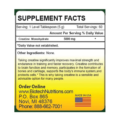Biotech Nutritions Creatine 60 – 300 g Creatine Monohydrate, 60 Servings