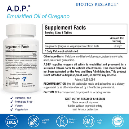 Biotics Research A.D.P. Emulsified Oil of Oregano Tablets – Sustained Release, High Absorption, 120 Tablets