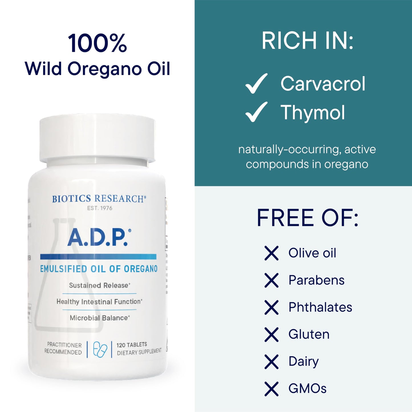 Biotics Research A.D.P. Emulsified Oil of Oregano Tablets – Sustained Release, High Absorption, 120 Tablets